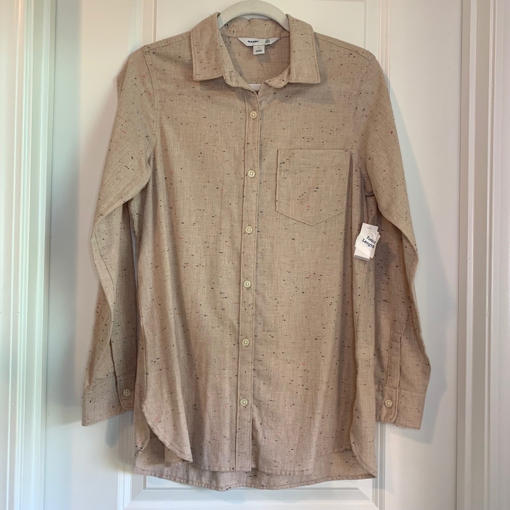 Old Navy Women's Tunic Shirt Beige Speckled Button Front Long Sleeve Size M NEW